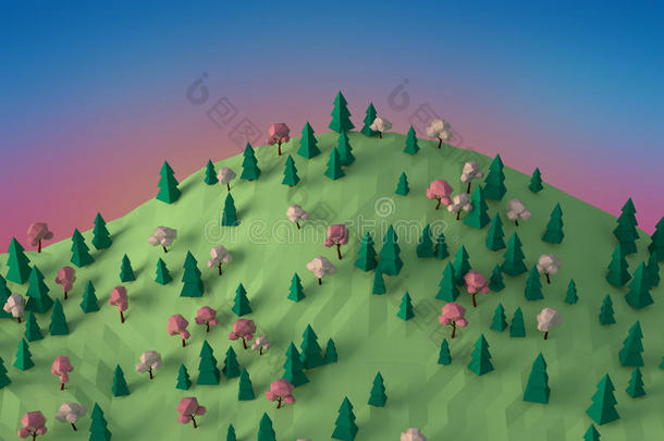 幻想低聚三维森林在山上的插图