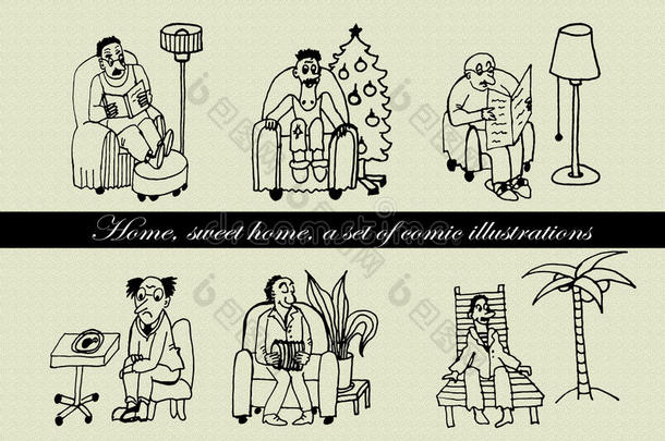 收集一套漫画人物，男人坐在椅子上，手绘漫画插图