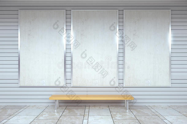 空<strong>地铁</strong>墙上的空白白色<strong>海报</strong>，地板上有木凳，模拟