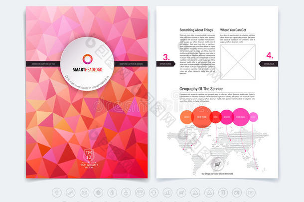 摘要商业小册子，传单和封面设计布局模板与红色和粉红色多边形背景。 矢量插图。