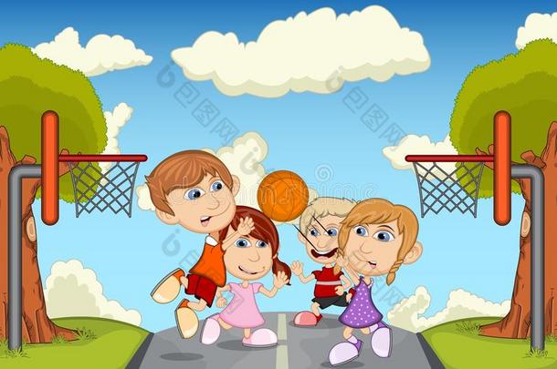 儿童在街头打篮球卡通矢量插图
