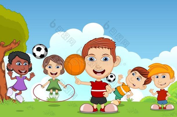 儿童打篮球，跳绳，足球在公园卡通矢量插图