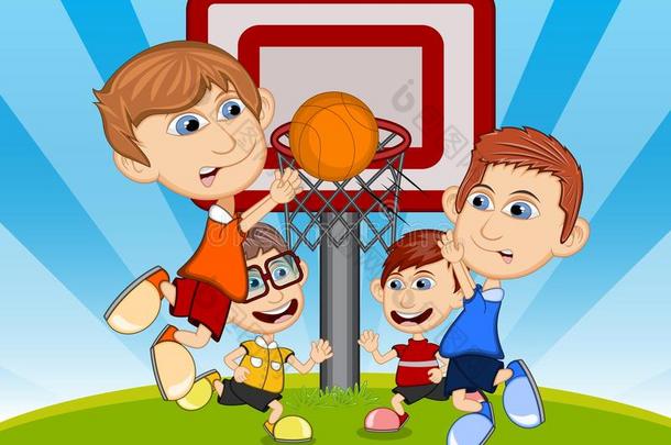 孩子们在公园的卡通矢量插图上打篮球