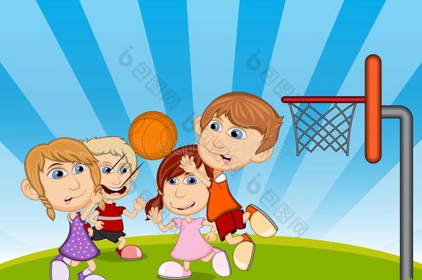 孩子们在公园的<strong>卡通</strong>矢量插图上<strong>打篮球</strong>
