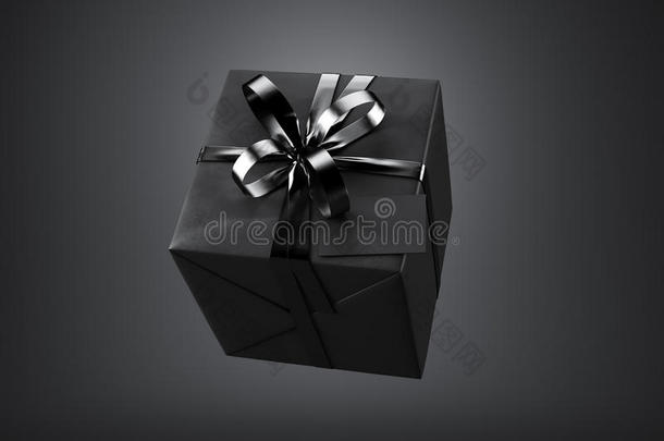 黑色礼品盒，黑色丝带蝴蝶结和空白名片，隔离在黑暗，水平。 三维渲染