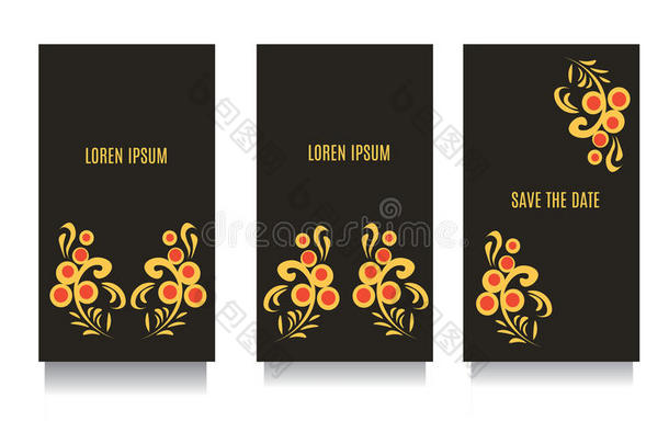 装饰模板的邀请，问候，访问卡和代金券在Khokhloma花风格与黑色背景