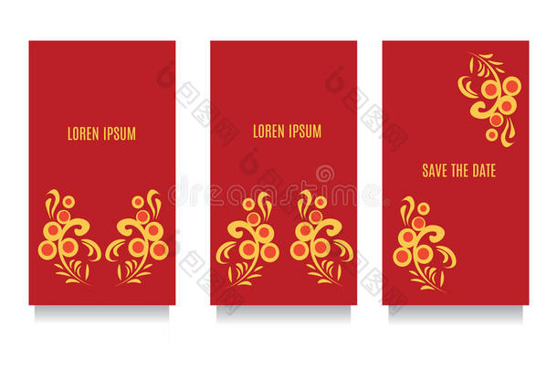 装饰模板的邀请，问候，访问卡和<strong>代金券</strong>在Khokhloma花风格与红色背景