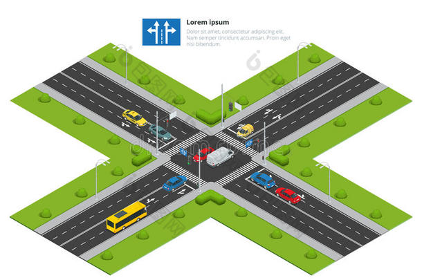 十字路口和道路标记等距矢量图为信息图形。 运输汽车，城市和沥青，交通
