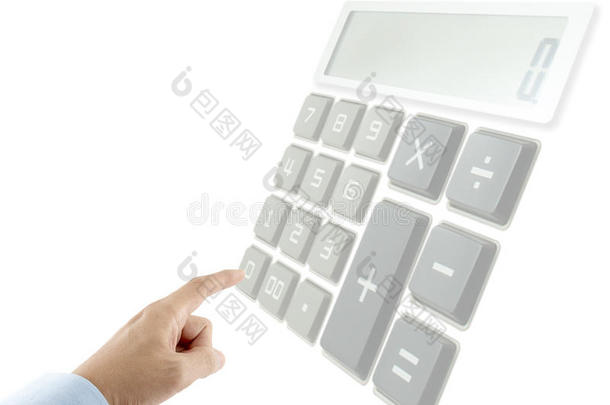 身着蓝色衬衫的商人按下计算器上的零号按钮(；淡入淡出和柔和对焦)；在白色背景上孤立
