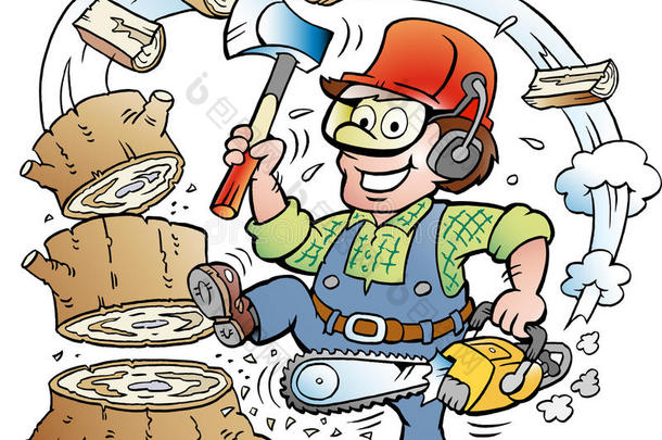 卡通插图一个快乐的工作伐木工人或樵夫谁挖木材