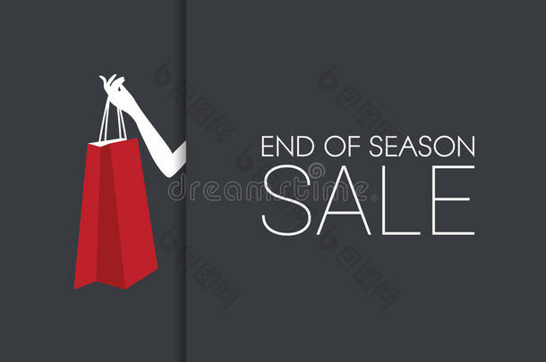 季末销售横幅，手拿购物袋和黑色背景。