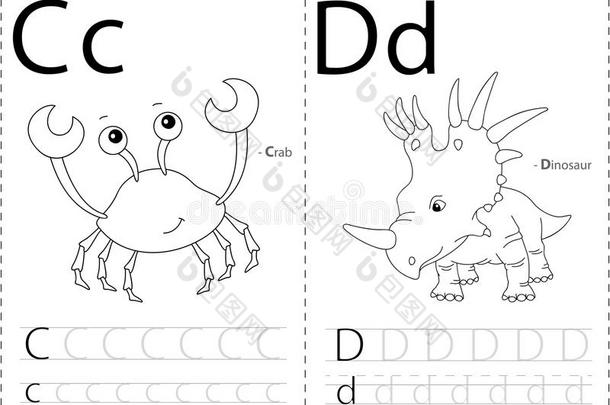 <strong>卡通螃蟹</strong>和恐龙。 字母追踪工作表：写a