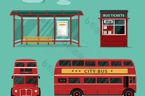 公共交通的扁平式概念。 一套具有正面和侧面视图的城市公共汽车，公共汽车站，街道公共汽车售票处。