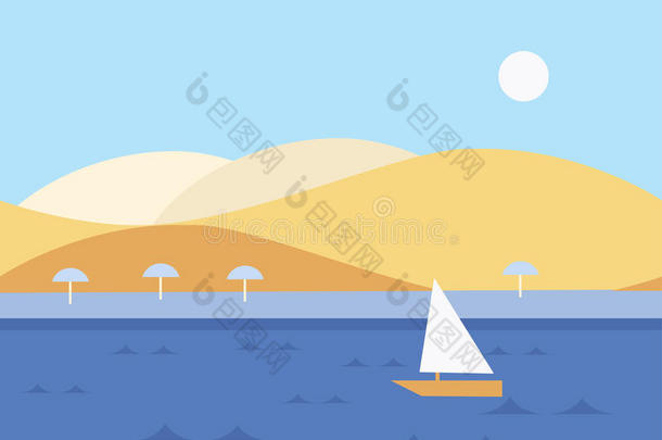 背景海滩船卡通丰富多彩的