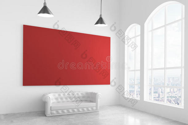 <strong>大红色海报</strong>在现代轻房与白色沙发和<strong>大</strong>风