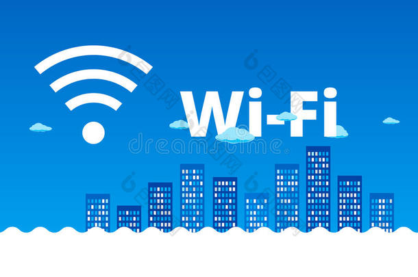 抽象的蓝色城市景观。 无线网络，3G，4G广告设计。
