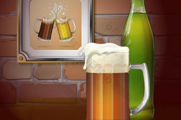 啤酒杯，瓶子，砖墙。 框架里有两杯啤酒。 矢量
