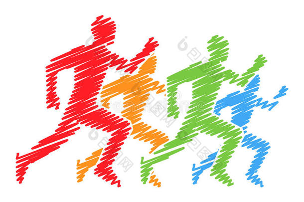 跑步者的彩色剪影。 矢量跑步和马拉松标志