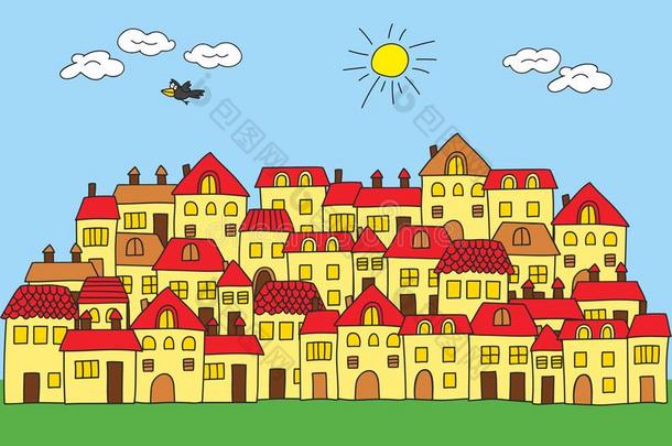 卡通风格的小镇。 有红色屋顶的房子
