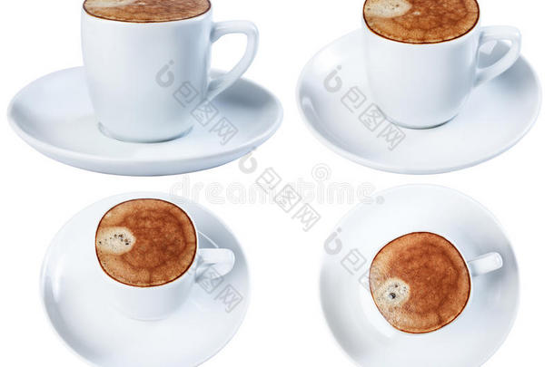 浓缩咖啡在陶瓷盘子里，在白色背景上隔离