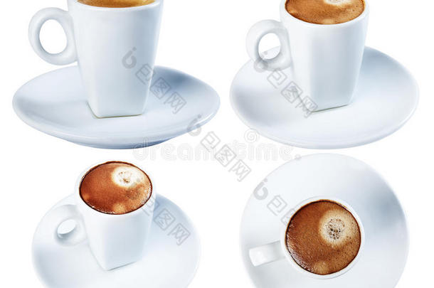 浓缩咖啡在陶瓷盘子里，在白色背景上隔离