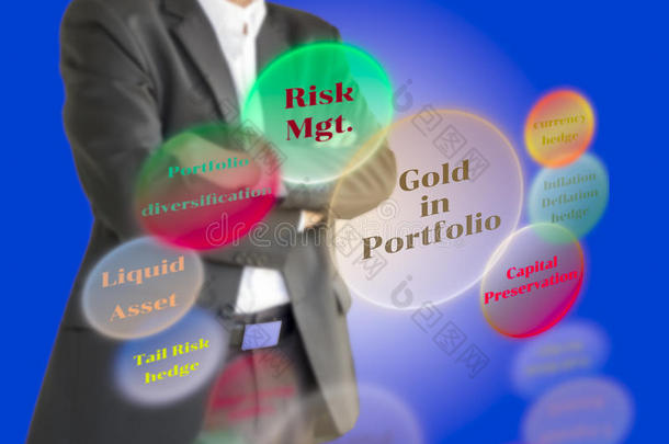 在虚拟屏幕上的投资组合图<strong>中考</strong>虑黄金利益的投资者。