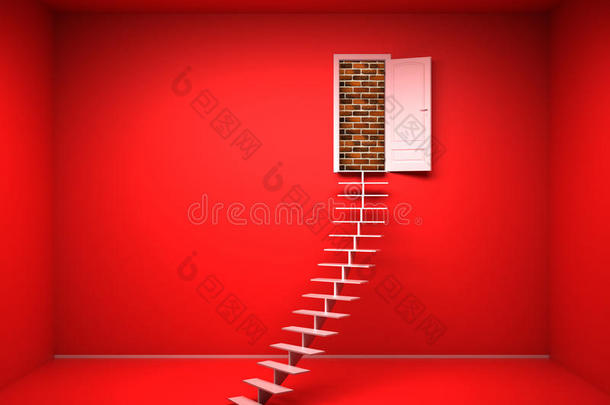 带开门的3d红色房间。砖墙