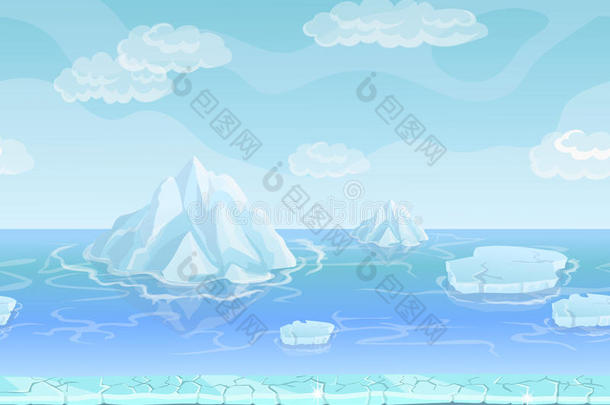 卡通冬季景观与冰山和冰，雪天。 <strong>UI游戏</strong>的无缝矢量自然背景。