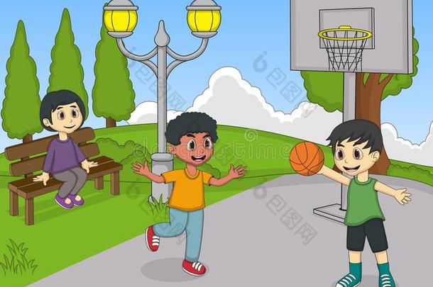 孩子们在公园<strong>打篮球</strong>，而另一个在看<strong>卡通</strong>