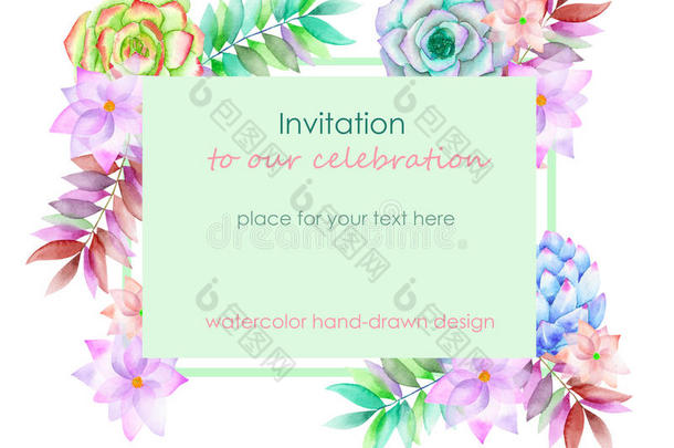 卡片模板与花卉设计；肉质，花和叶子手绘水彩；花卉装饰婚礼，