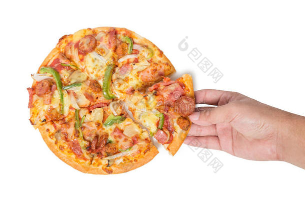 手拿<strong>美味</strong>可口的<strong>美味</strong>披萨，隔离在白色上