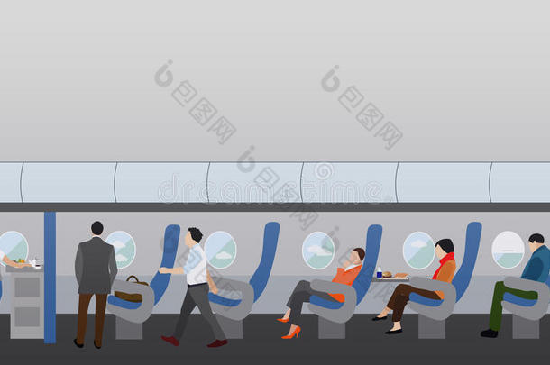 航空公司旅游旅客概念矢量横幅。飞机上的人。飞机内部。