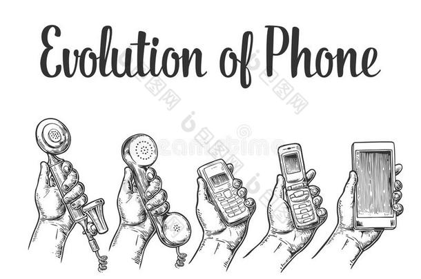 通信设备从经典手机<strong>到</strong>现代手机的演变。 伙计。 <strong>手绘</strong>设计元素