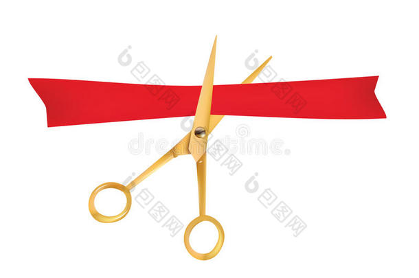金色的剪刀剪下了红色的丝带。 盛大开幕式的象征。 矢量对象。 设计元素。