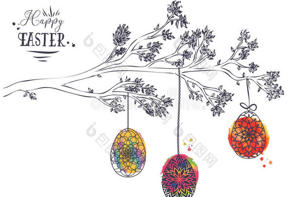 复活节贺卡与<strong>手绘树</strong>枝与树叶和画架