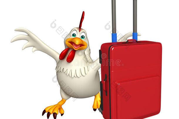 有趣的母鸡卡通人物与旅行袋