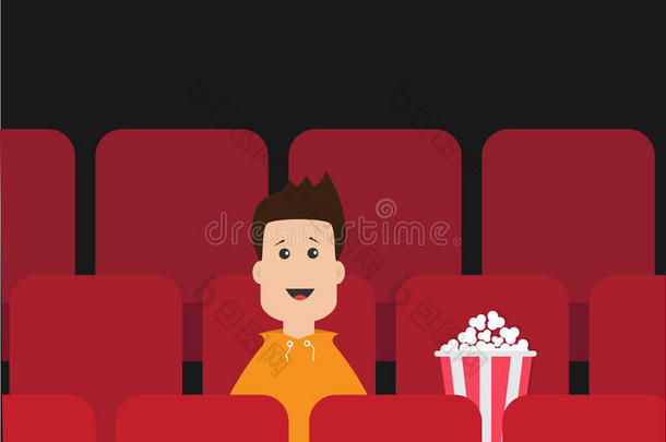 坐在电影院里的卡通男孩。 电影放映电影背景。 观看电影的观众。 红色座位上的爆米花盒。 平面设计