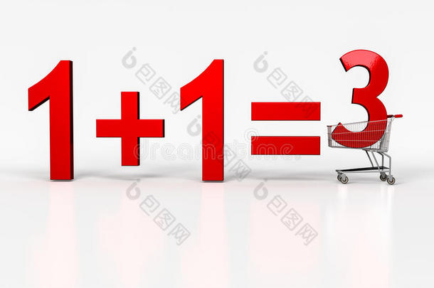 买双的概念-免费。 白色背景下购物车中11=3的大红色标志