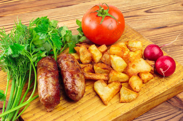 烤肉香肠，炒土豆，西红柿和新鲜农产品在木板上