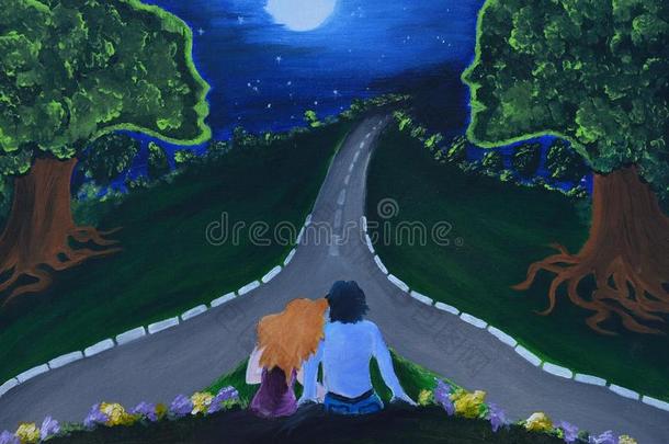画布画展示了爱的夜晚与夫妇，月亮和树木与人一样的脸