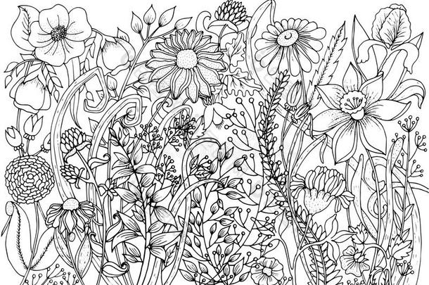 用墨水<strong>背景画</strong>的手，有涂鸦、花、叶。 放松和冥想的自然设计。