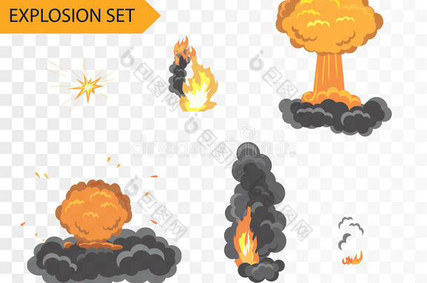 爆炸动画效果。 矢量卡通爆炸设置在阿尔法背景上。
