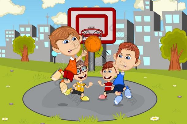 孩子们在城市公园的卡通里打篮球