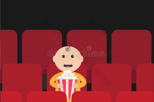 卡通人物小男孩坐在电影院里。 电影放映电影背景。 观看电影的观众。 爆米花盒子。 平的