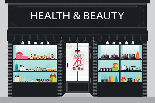 化妆品商店建筑和内部与产品货架。