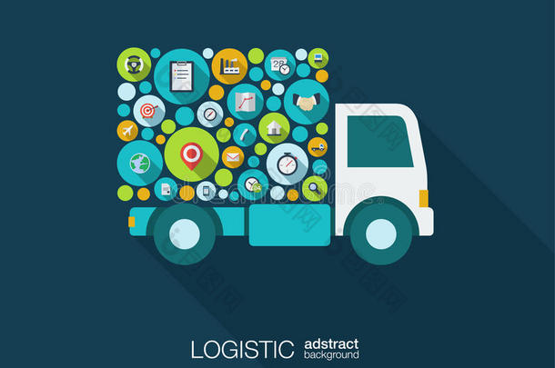 彩色圆圈，平板图标在卡车形状的分配，交付，服务，航运，物流，运输，市场