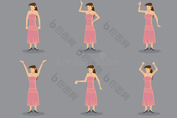 卡通女士穿着粉红色连衣裙矢量人物插图