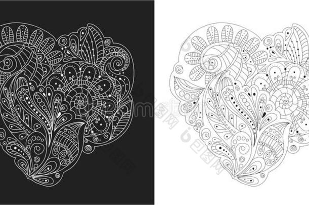 手绘装饰元素黑白花，叶子和装饰元素的心形