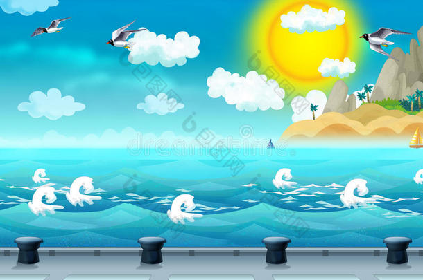 船舶的海洋和停靠站的卡通背景