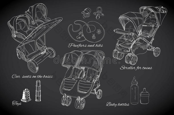 为双胞胎画的手。 图形草图婴儿车，汽车座椅，